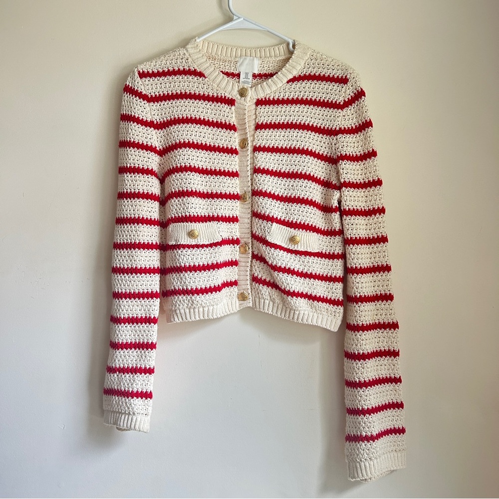 H&M Red and Cream Knit Cardigan Lady Jacket Gold Buttons Medium Fall Classic